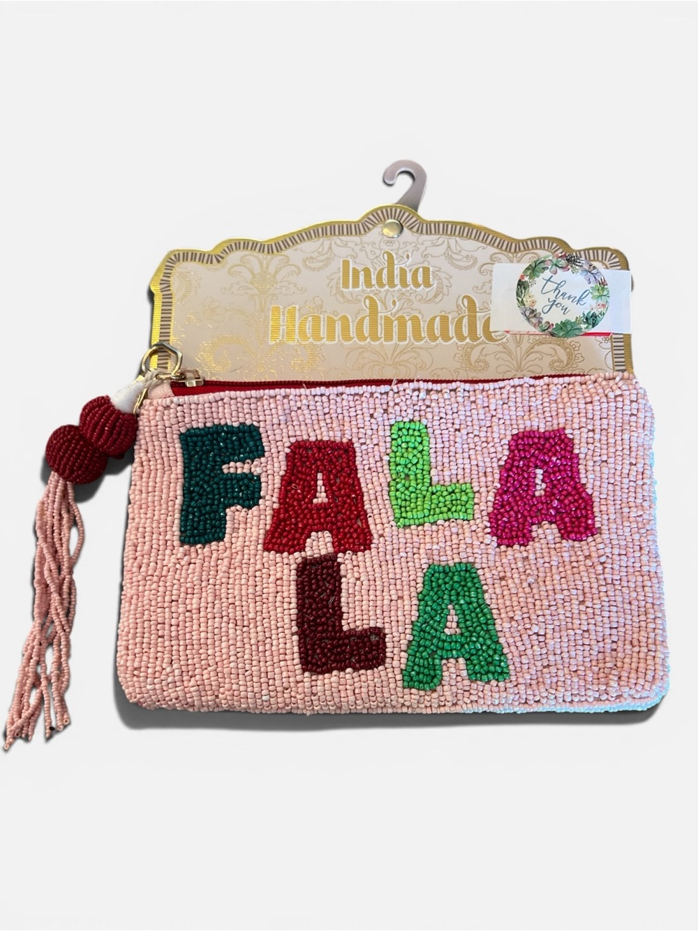 Handmade Pink Beaded 'FALA LA' Clutch with Tassel